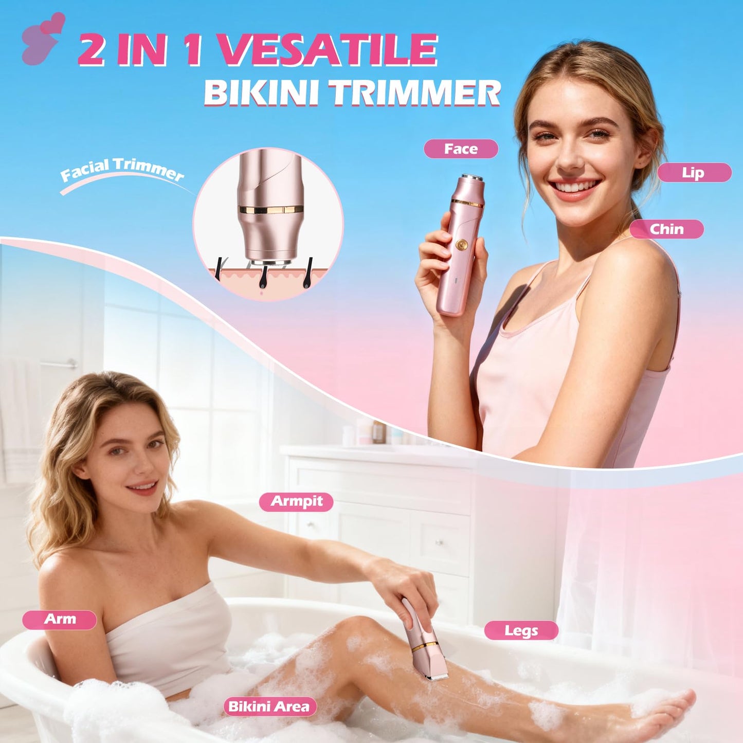 VEGITERIA Bikini Trimmer for Women 2-in-1 Electric Razors for Women with Body & Facial Heads, Rechargeable Bikini Shaver for Smooth Pubic & Body Grooming, Waterproof, Portable & Travel-Friendly Gift