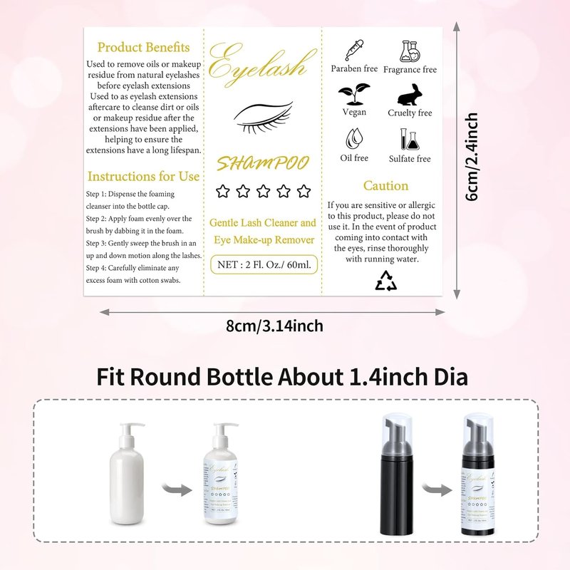 Lash Shampoo Bottle Brushes Set - 100 Pcs with Foam Pump Dispensers, Wands & Labels | Eyelash Extensions Aftercare (Black)