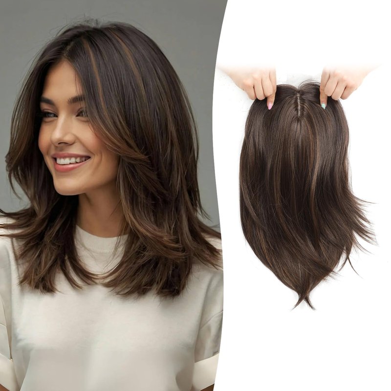 Megito Hair Topper 12inch Clip in Synthetic Hair Toppers for Women with Thinning Hair Layered 6.5"X6.5" Big Base Toppers Hair Pieces for Women Natural Look Brown with Highlights