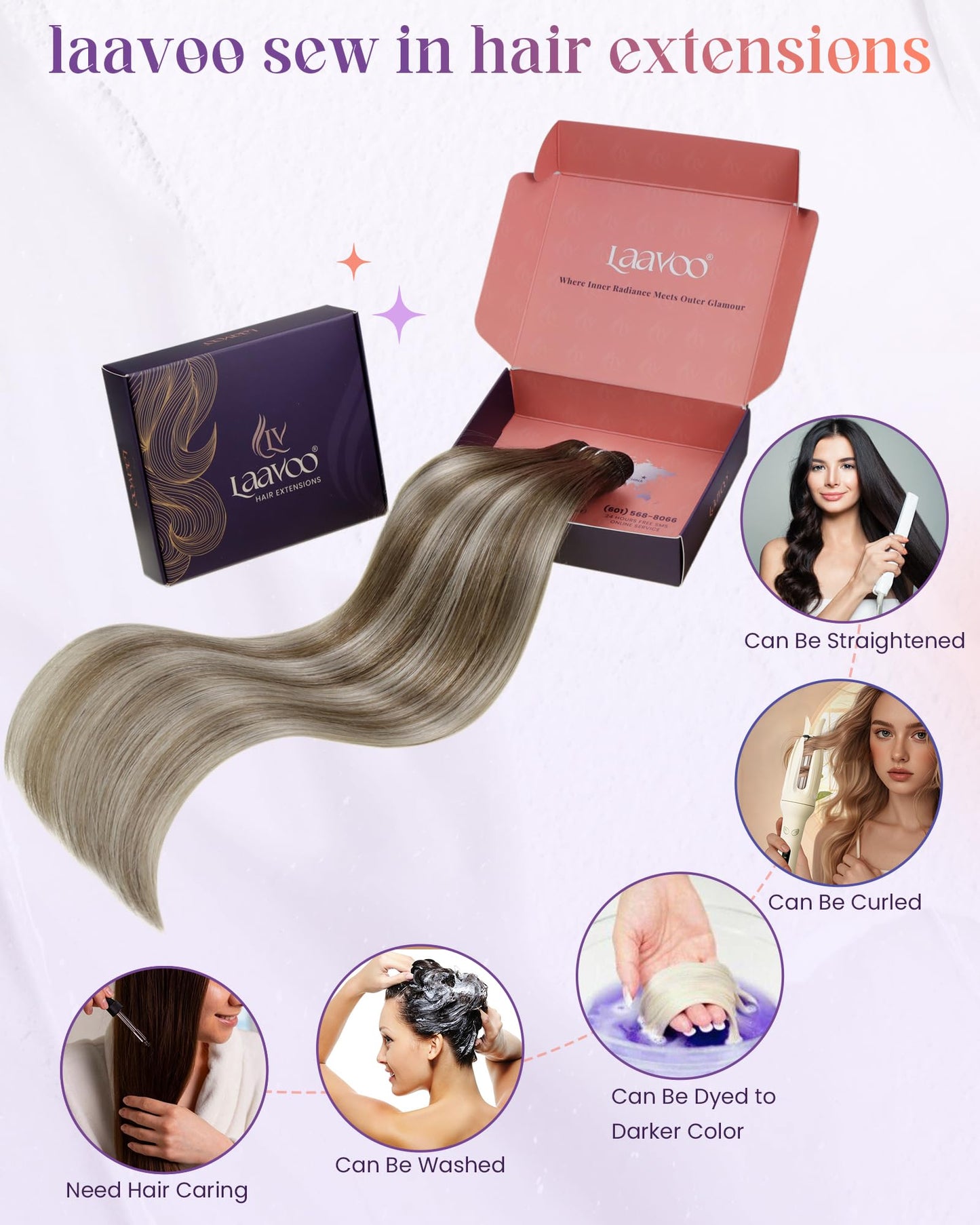 LaaVoo Weft Hair Extensions Human Hair Brown Ombre Sew in Human Hair Extensions Short Sew in Extension Balayage Light Brown to Platinum Blonde Mix Brown 80g 12 Inch