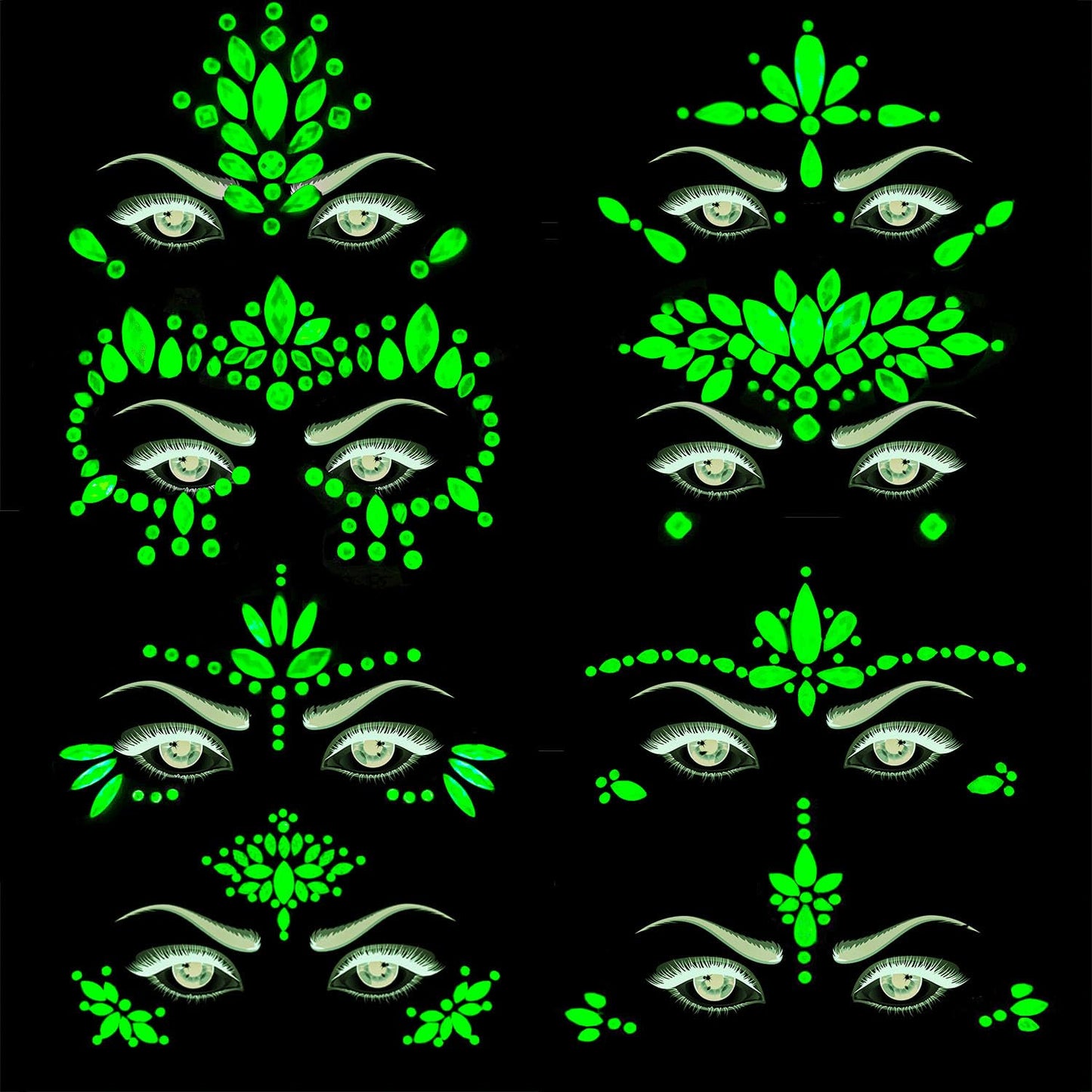 8Sets Noctilucent Face Gems Body Stickers Glow in the Dark Luminous Face Jewels fluorescent face tattoo crystals rhinestone sticker body jewelry for Halloween