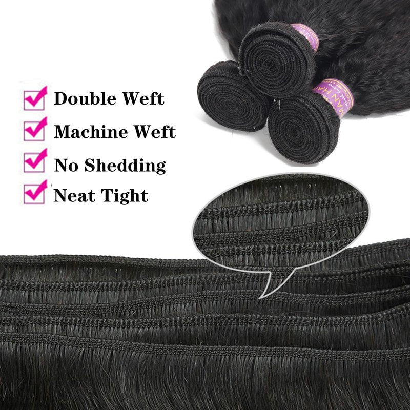 Kinky Straight Human Hair Bundles 18Inch Yaki Straight Human Hair Extensions 1 Bundles Unprocessed 100% Brazilian Virgin Kinky Straight Human Hair For Black Women Natural Black