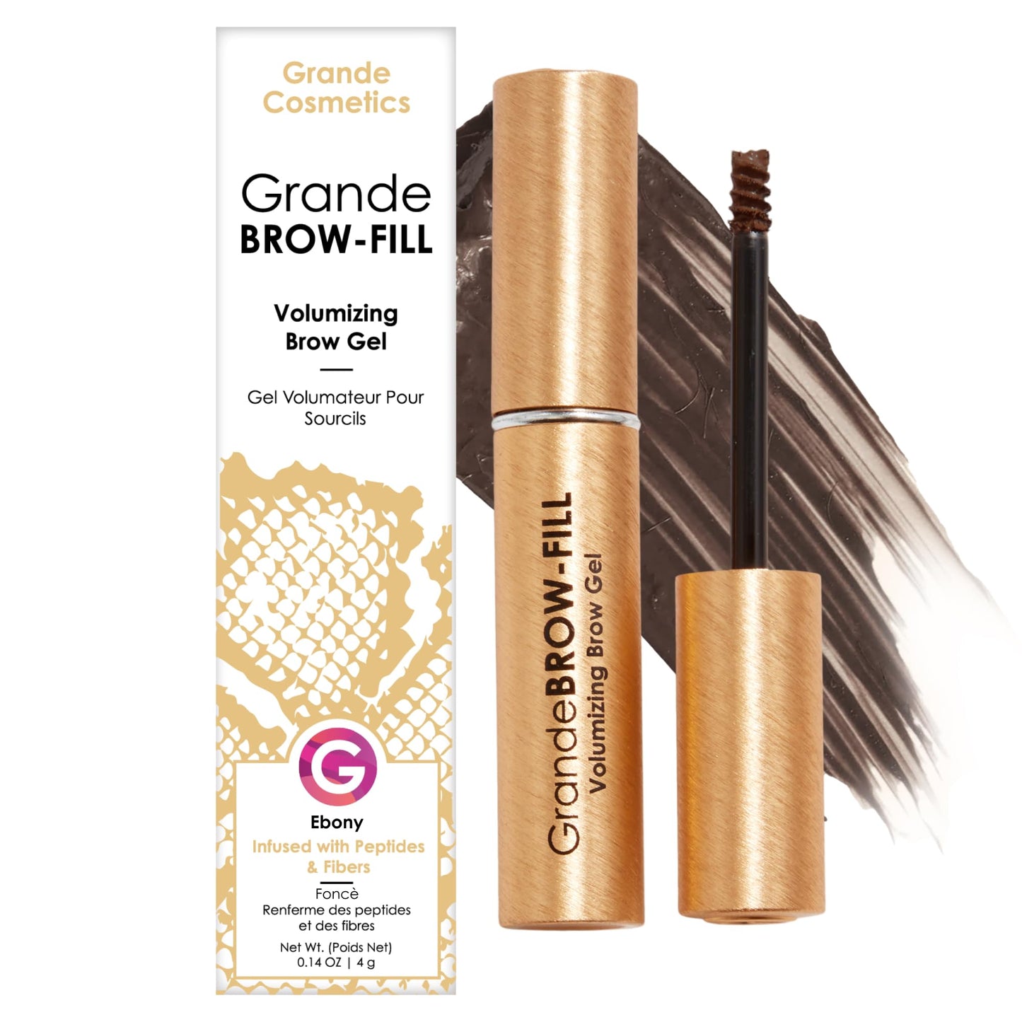 Grande Cosmetics GrandeBROW-FILL Volumizing Brow Gel with Fibers & Peptides, for Natural & Fuller-Looking Eyebrows - Ebony (0.14 fl oz)