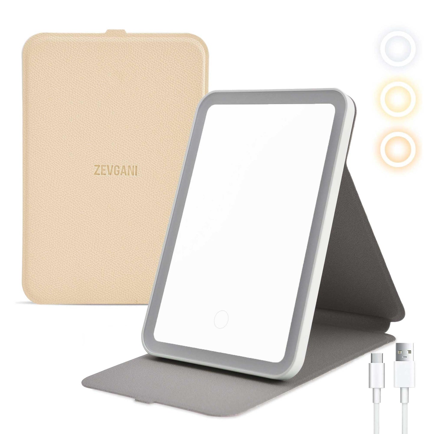 ZEVGANI Travel Lighted Makeup Mirror, 3-Color Dimmable LED Lighting, USB Rechargeable Light up Portable Tabletop Folding Vanity Cosmetic Mirror, Leather Cover Beige