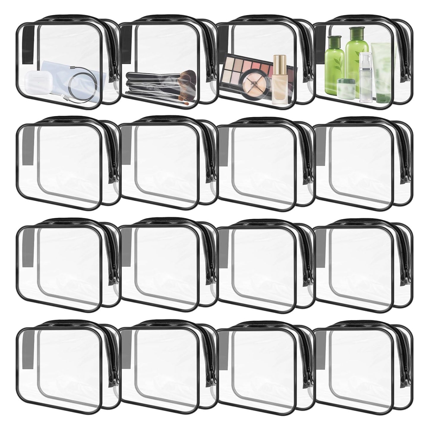 GONITYOU 16 Pieces Clear Makeup Bags Bulk, TSA Approved Toiletry Bags Travel Pouch, Waterproof PVC Plastic Small Clear Cosmetic Bags with Zipper for Organizing (Black Border)