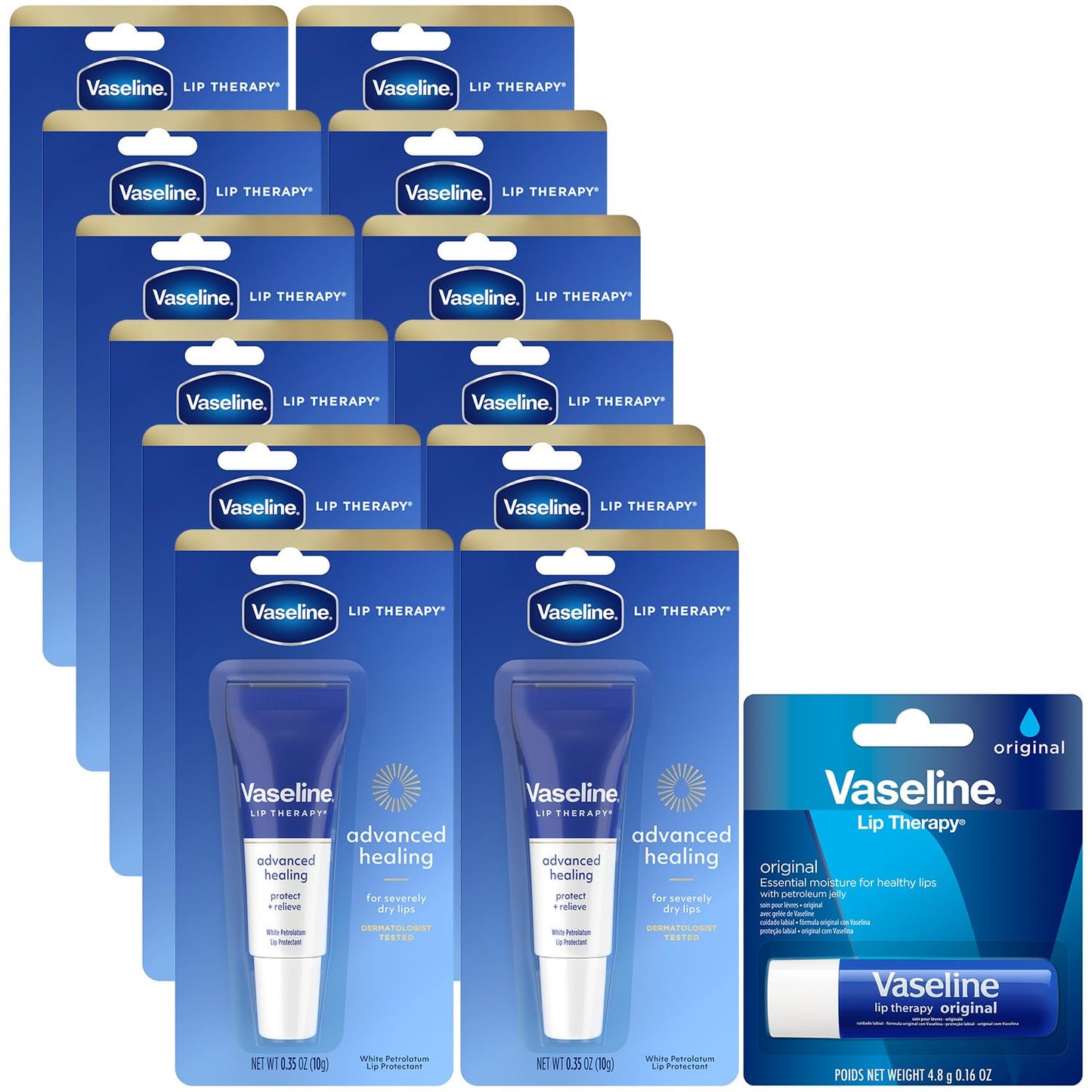 Vaseline Lip Therapy Advanced Healing Lip Balm - 12-Pack | Moisturizing White Petroleum, 0.25 Oz Each
