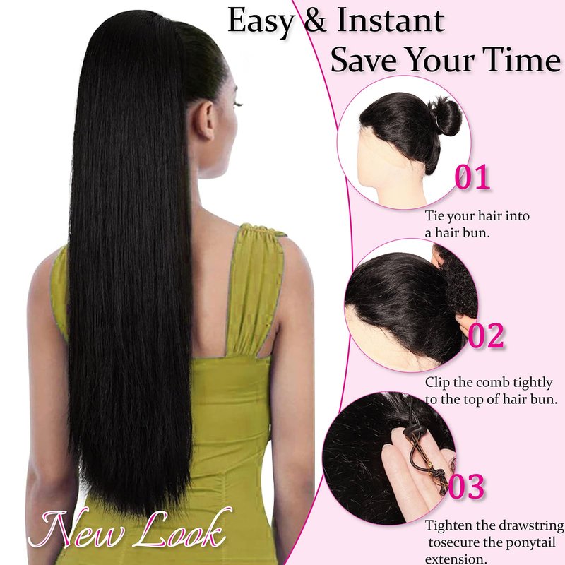 Drawstring Ponytail Extension for Women, 30 Inch Long Yaki Straight Pony Tails Hair Hairpiece Clip in Extensions Natural Looking Soft Synthetic Drawstring Ponytail for Black Women, Dark Brown