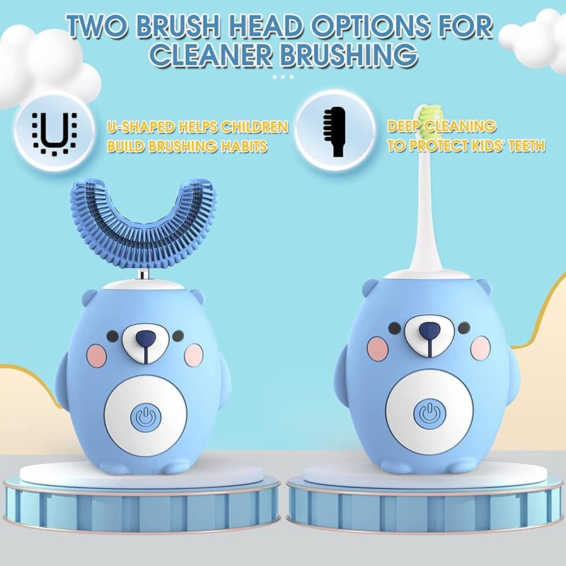 Electric Kids Toothbrush - U Shaped Ultrasonic Design with 2 Brush Heads | 6 Cleaning Modes, Blue (Ages 2-7)