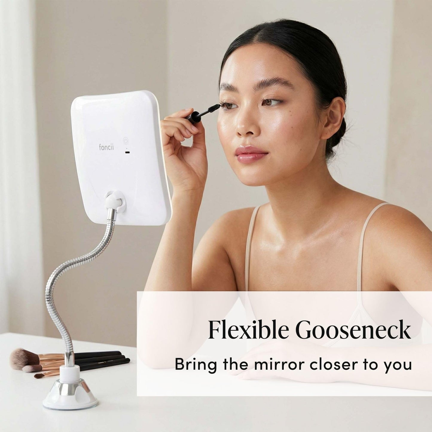 Fancii 10x Flexible Magnifying Mirror with 3 LED Light Settings, Rechargeable - Gooseneck Lighted Makeup Mirror for Bathroom, Locking Suction Mount, Cordless, 360° Rotatable (Mira 2 Plus)