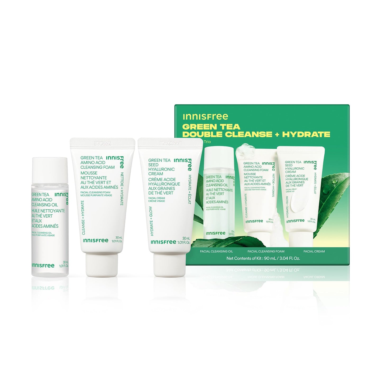 innisfree Green Tea Double Cleanse + Hydrate Trio | Korean Skincare Set with Hydrating Cleansing Oil, Face Wash, and Moisturizer | Gentle Lather | Sulfate-Free | Available in Gift Sets