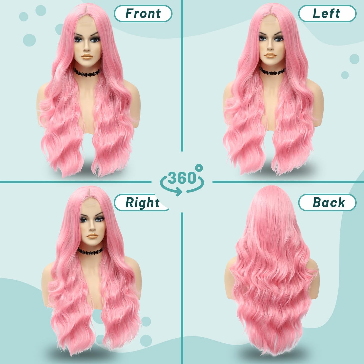 YESEGO Halloween Long Pink Wigs 26 Inch Curly Wigs for Women Wavy Middle Part Natural Looking Synthetic Lace Front Wig for Daily Cosplay Party Use, Pink