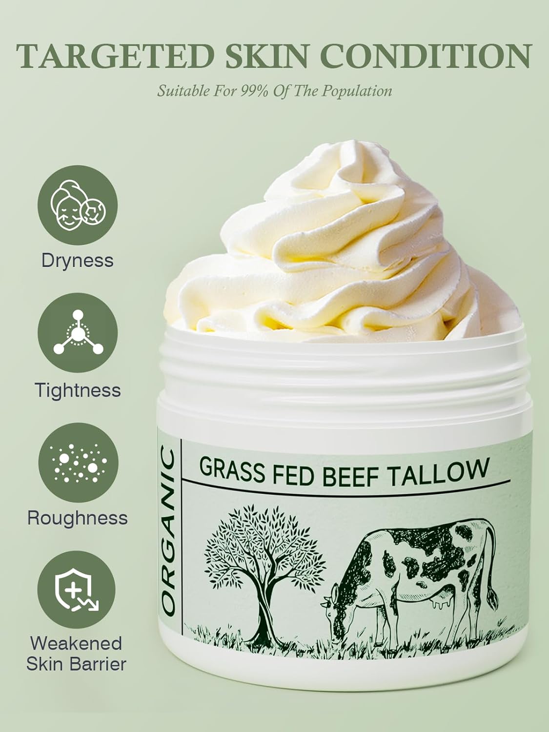 Beef Tallow Moisturizer - Nourishing Whipped Tallow Cream | Unscented, 2-Pack for Skin Care