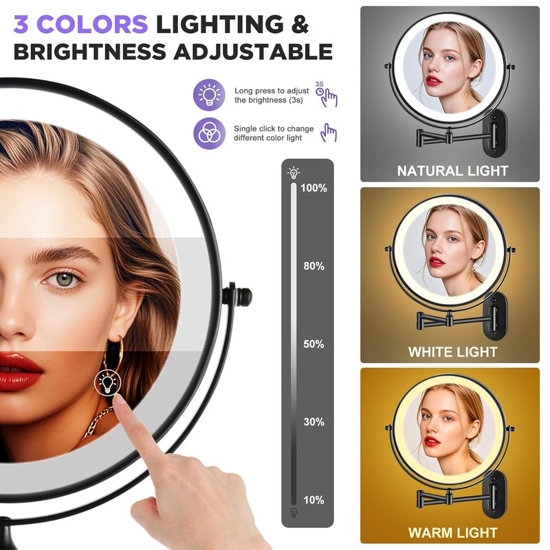 Wall Mounted Makeup Mirror - 1x/20x Magnifying Lighted Vanity Mirror | 8.5" Double-Sided, Black Finish