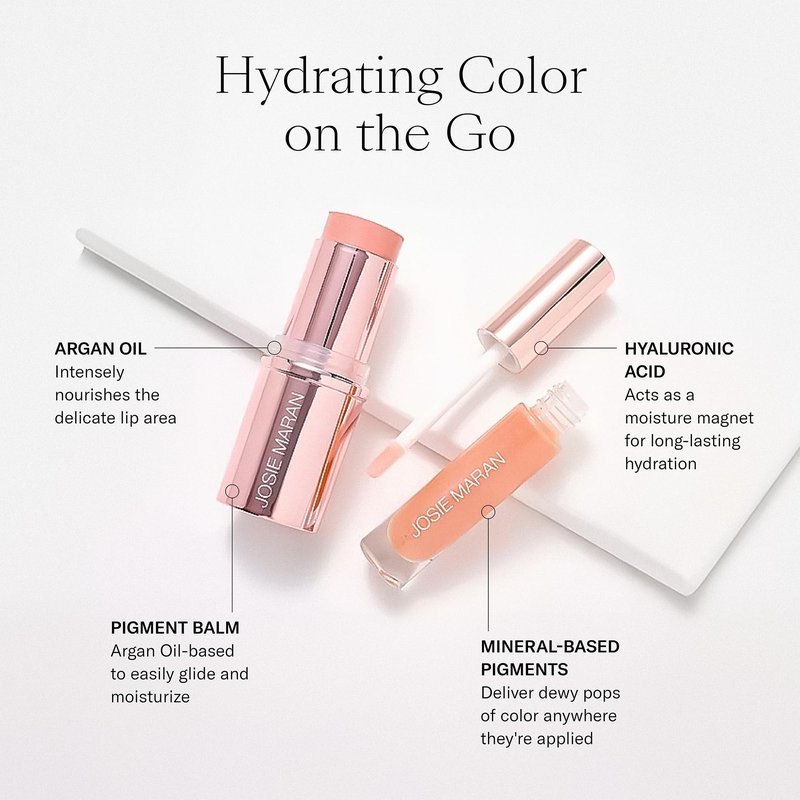 Josie Maran Color Stick & Lip Gloss Makeup Set - Argan Oil-Based Makeup Balm for Lips, Cheeks & Eyes + Hyaluronic Acid Infused Plumping Lip Gloss (2 Piece Set)