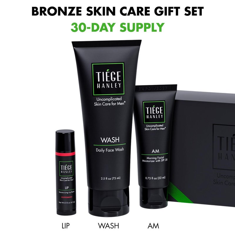 Tiege Hanley Skin Care Gift Box for Men, Bronze Gifting Skincare Set With Daily Face Wash, AM Moisturizer With SPF 20 Sunscreen, Hydrating Lip Balm, & Body Bar Soap, Men’s Skin Care, 4 Piece Set