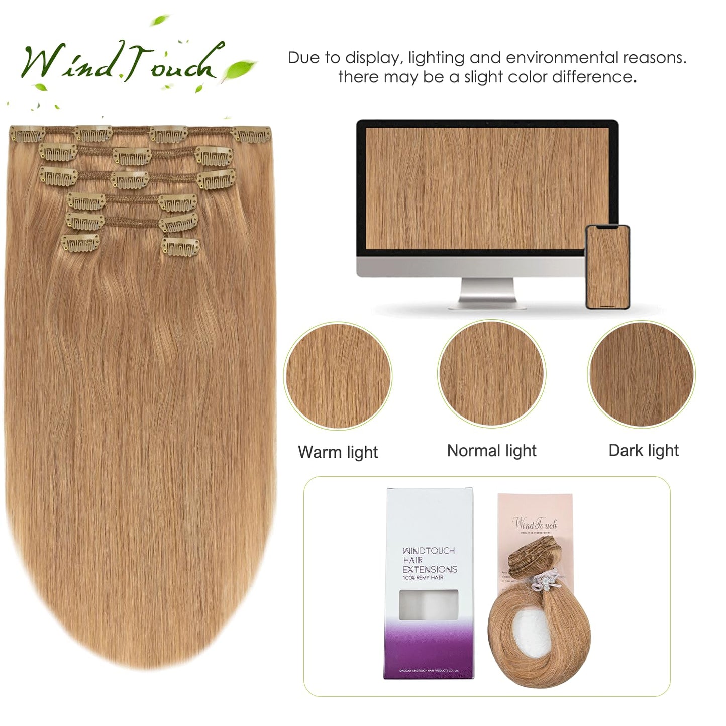 WindTouch Clip in Hair Extensions Real Human Hair Dark Blonde Hair Extensions 15Inch Straight 7PCS #12 Reddish Blonde 75g Human Hair Clip In Extensions