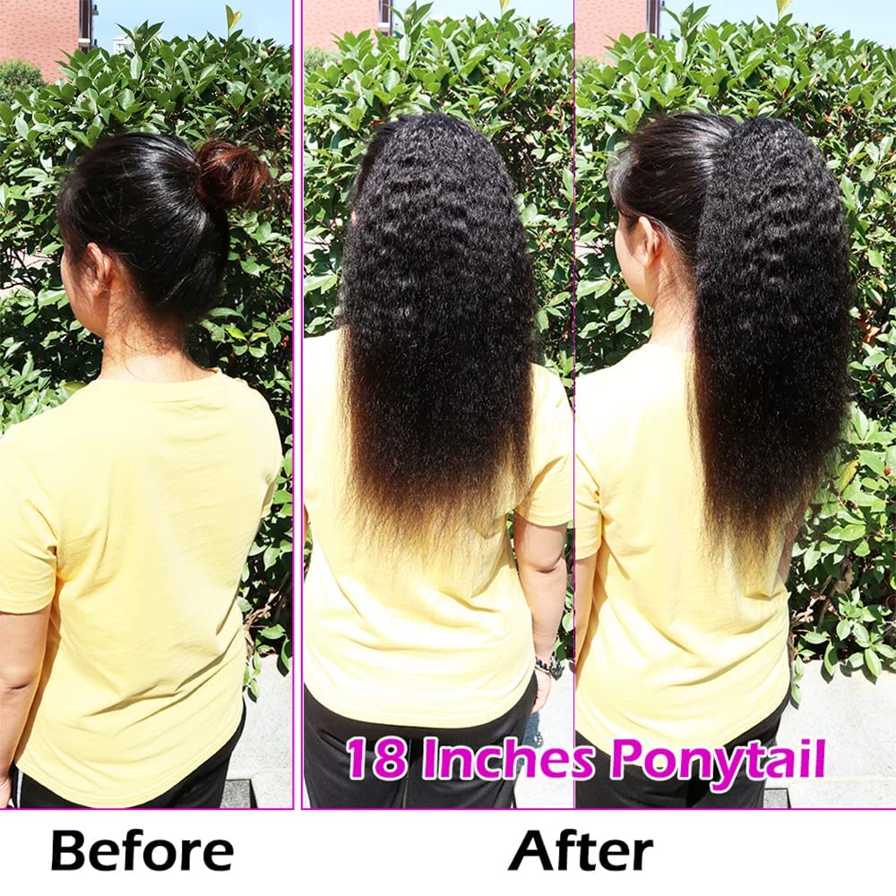 Yaki Straight Ponytail Extension, Wrap Around Ponytail Extension for Black Women, Yaki Human Hair Extension, Natural Black (Drawstring ponytail, 24 inch)