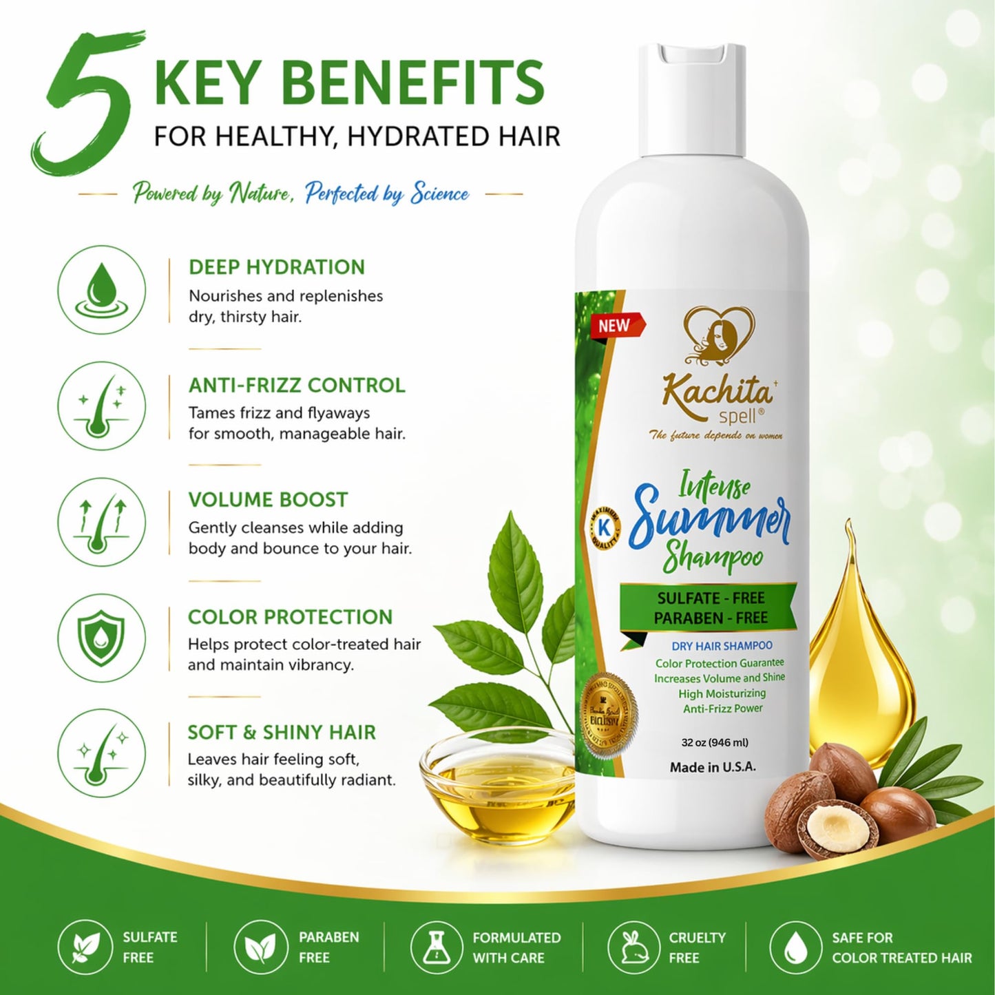 Kachita Spell New Hydrate Moisturizing Shampoo Intense Summer Sulfate and Paraben Free For Medium to Thick Dry, Color Treated Hair Made in USA 32 floz