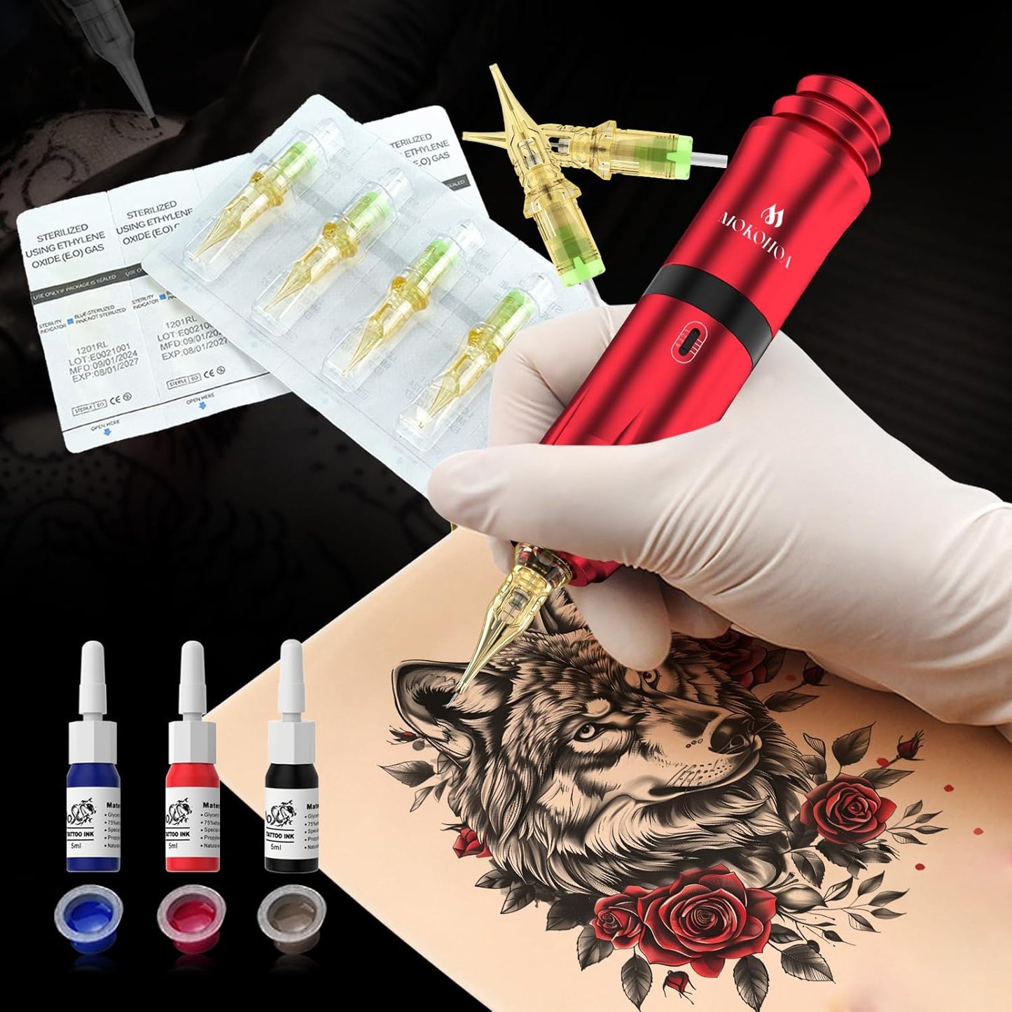 Tattoo Kit for Beginners - Complete Rotary Tattoo Gun & Pen Set | Pro Cartridge Needles & Transfer Papers - Wine Red