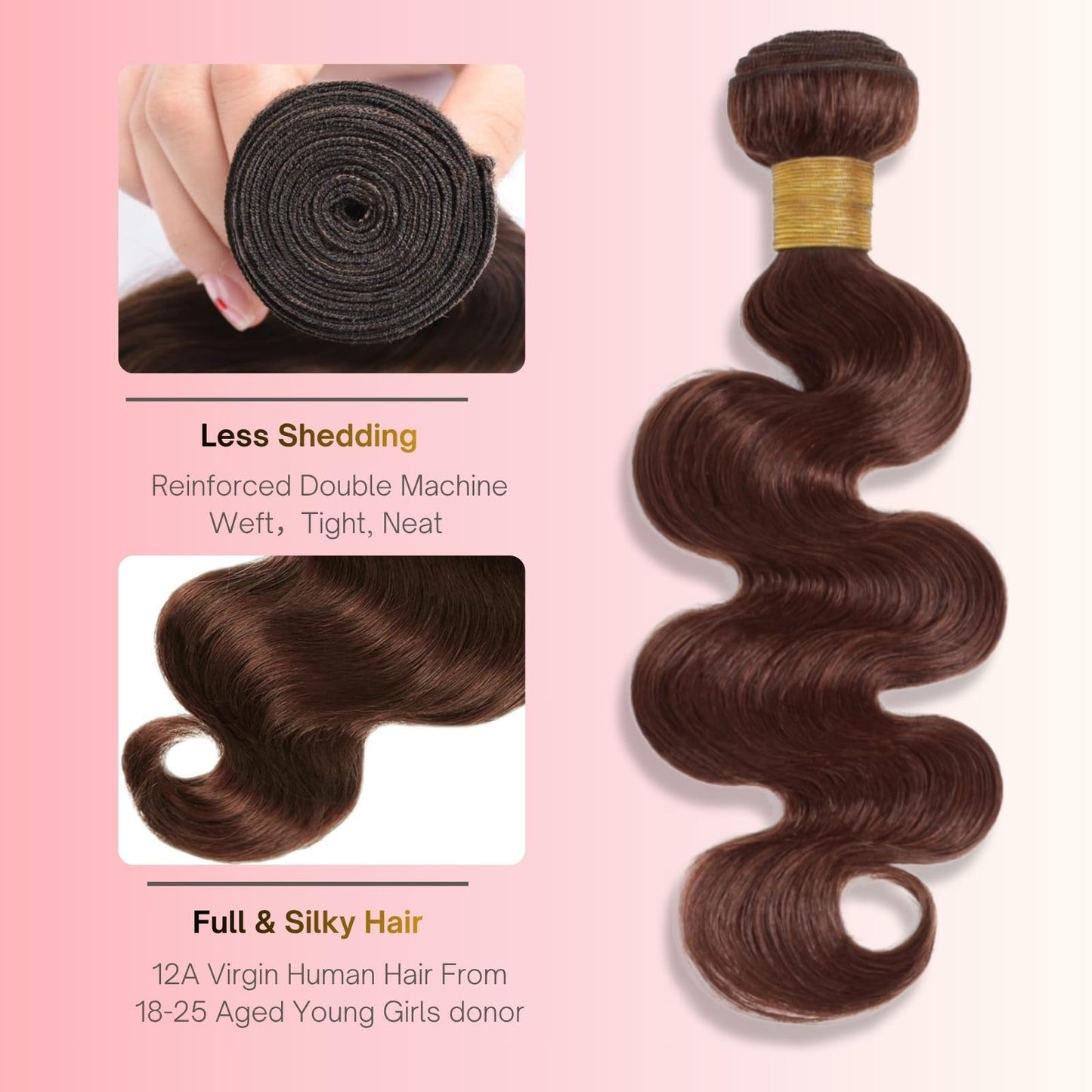 MOMOSHERO Chocolate Brown Body Wave Single Bundle Human Hair, Soft Glossy 12A 100% Unprocessed Remy Virgin Hair 1 Bundle Wavy Classy Colored #4 Dark Medium Brown Weaves Sew In Weft Extension 14 Inch
