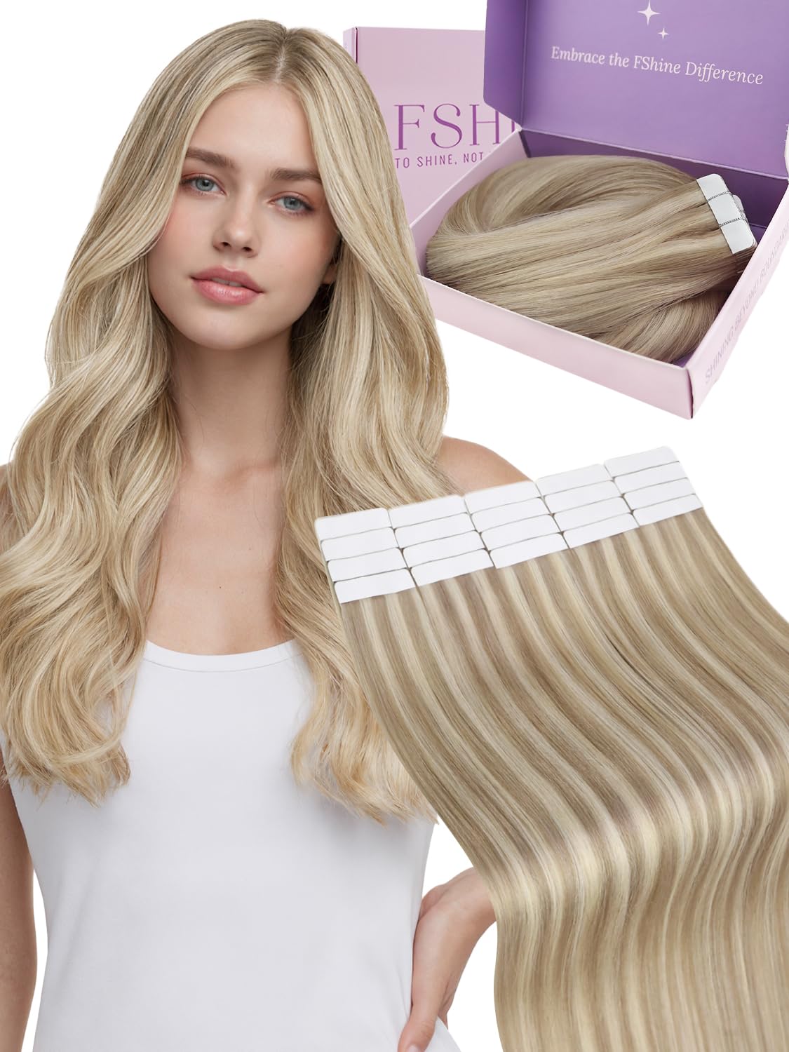 Fshine Tape in Extensions Real Human Hair 12 Inch Ash Blonde Highlighted With Bleach Blonde - Straight Extensions for Short Hair - 20pcs 30g