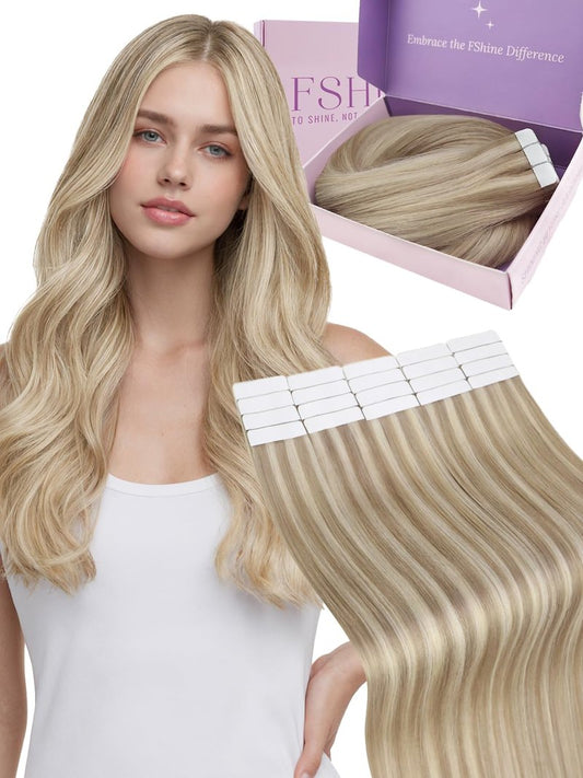 Fshine Tape in Extensions Real Human Hair 12 Inch Ash Blonde Highlighted With Bleach Blonde - Straight Extensions for Short Hair - 20pcs 30g