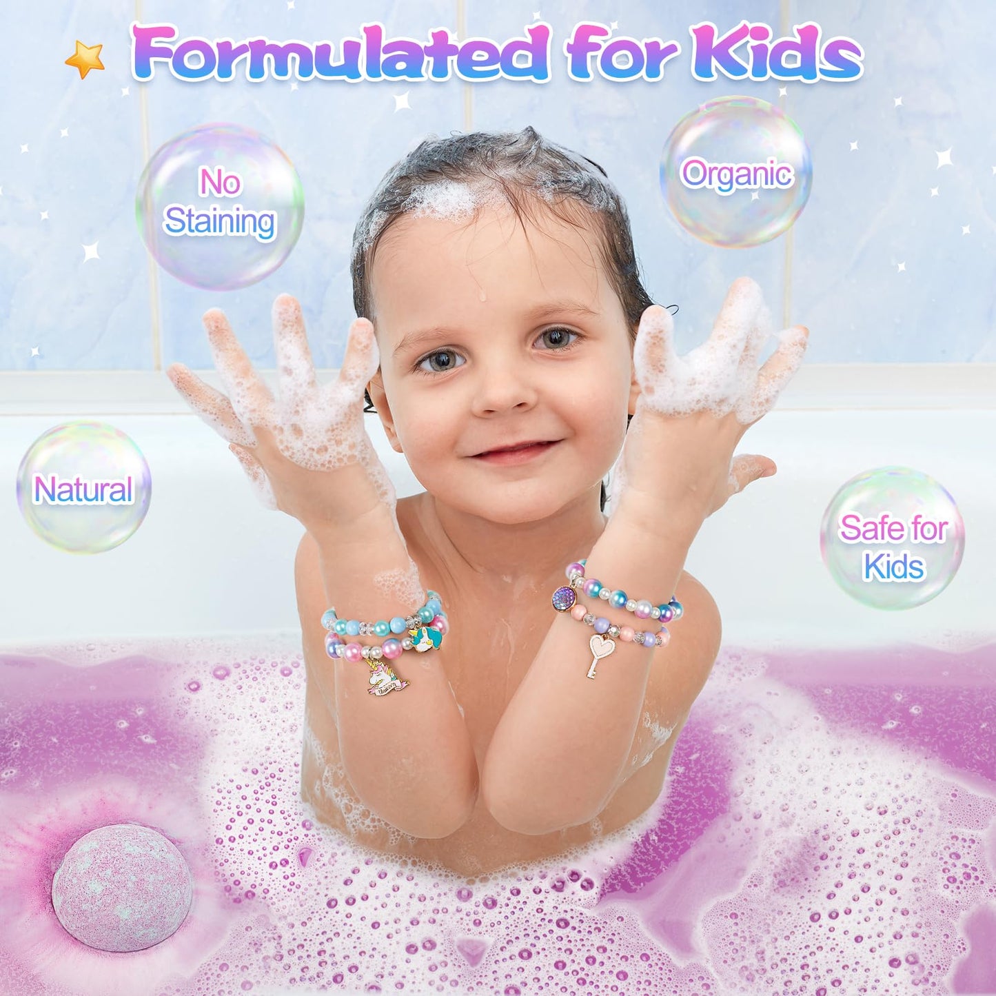 8 Pack Bubble Bath Bombs for Kids with Bracelets Toys Inside, Organic Natural Kids Bath Bombs, Christmas Birthday Gift for 3 4 5 6 7 8 Year Old Girl, Princess Bath Bomb Kit with Mermaid Unicorn Toys