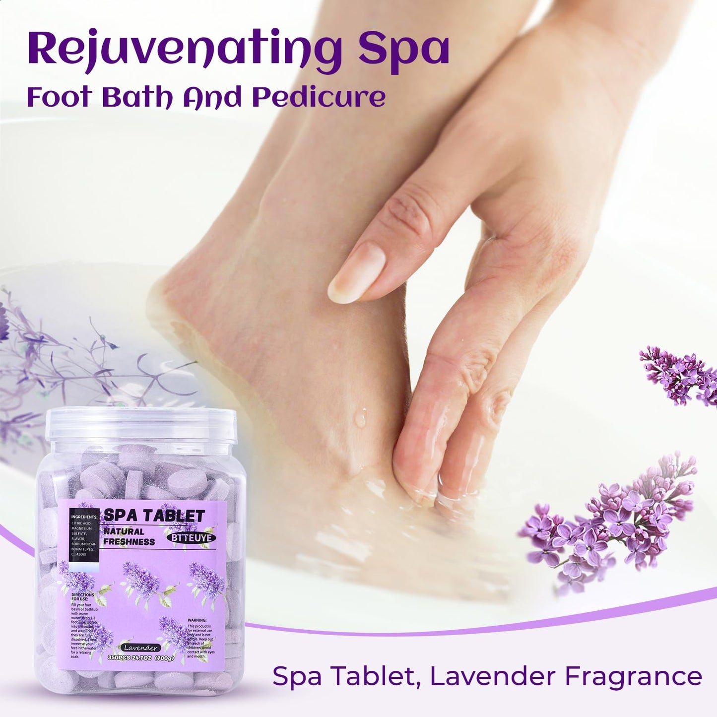 BTTEUYE Foot Pedicure Soak,Natural & Refreshing,Relieve Fatigue,Soothe & Protect Feet,Lavender Scent,350-Count