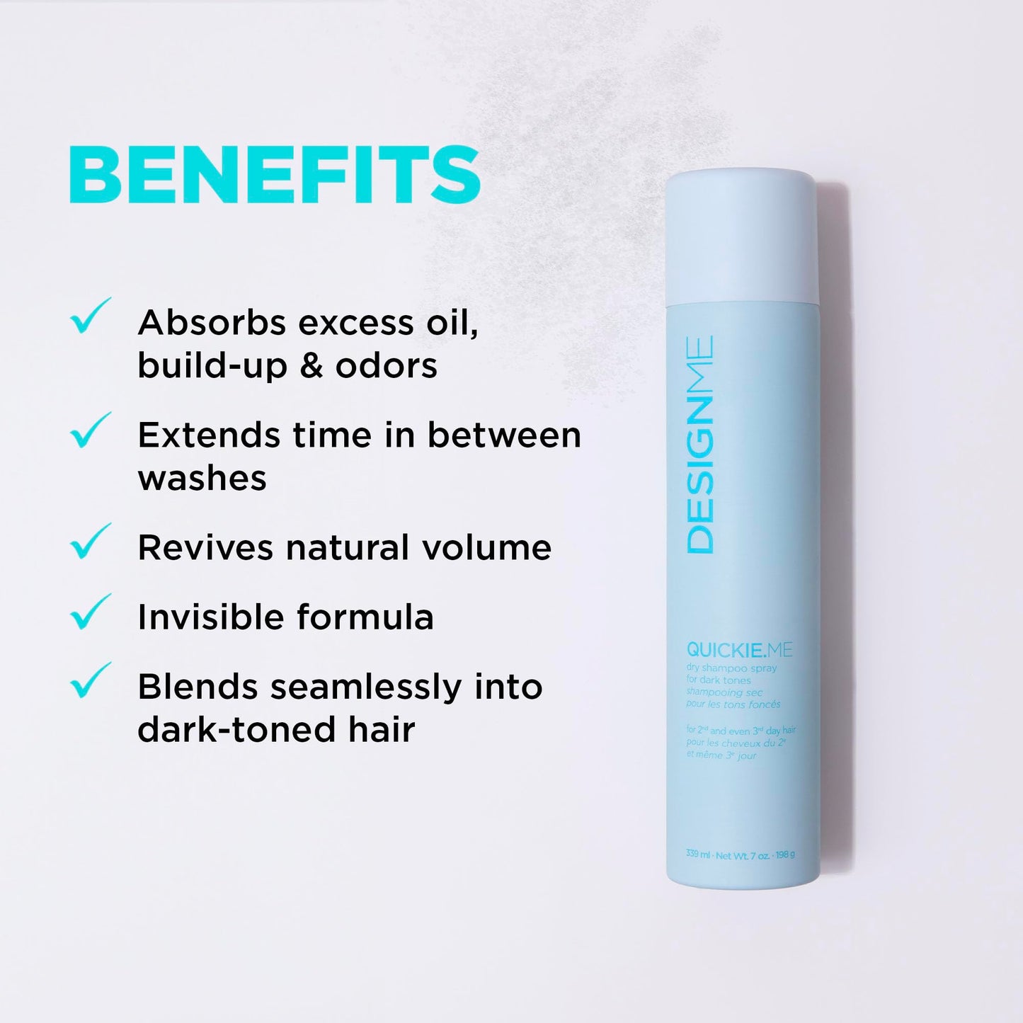 Design.Me QUICKIE.ME Dry Shampoo For Dark Tones | Instantly Refreshes, Absorbs Oils | Root-Lifting Formula with Rice Starch | Residue-Free Waterless Spray for Brown, Black, Dark & Red Hair