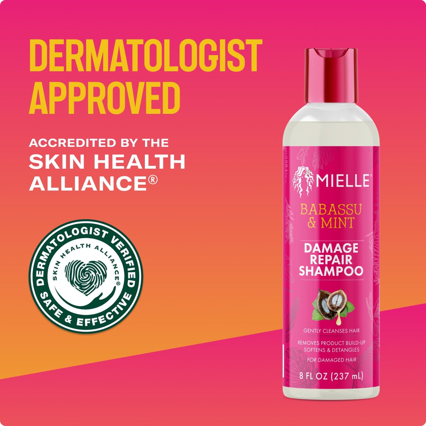 Mielle Organics Babassu & Mint Damage Repair Hair Shampoo - Hydrating Shampoo & Scalp Build-Up Remover - Gently Cleanses & Preps for Repair (8 fl oz)
