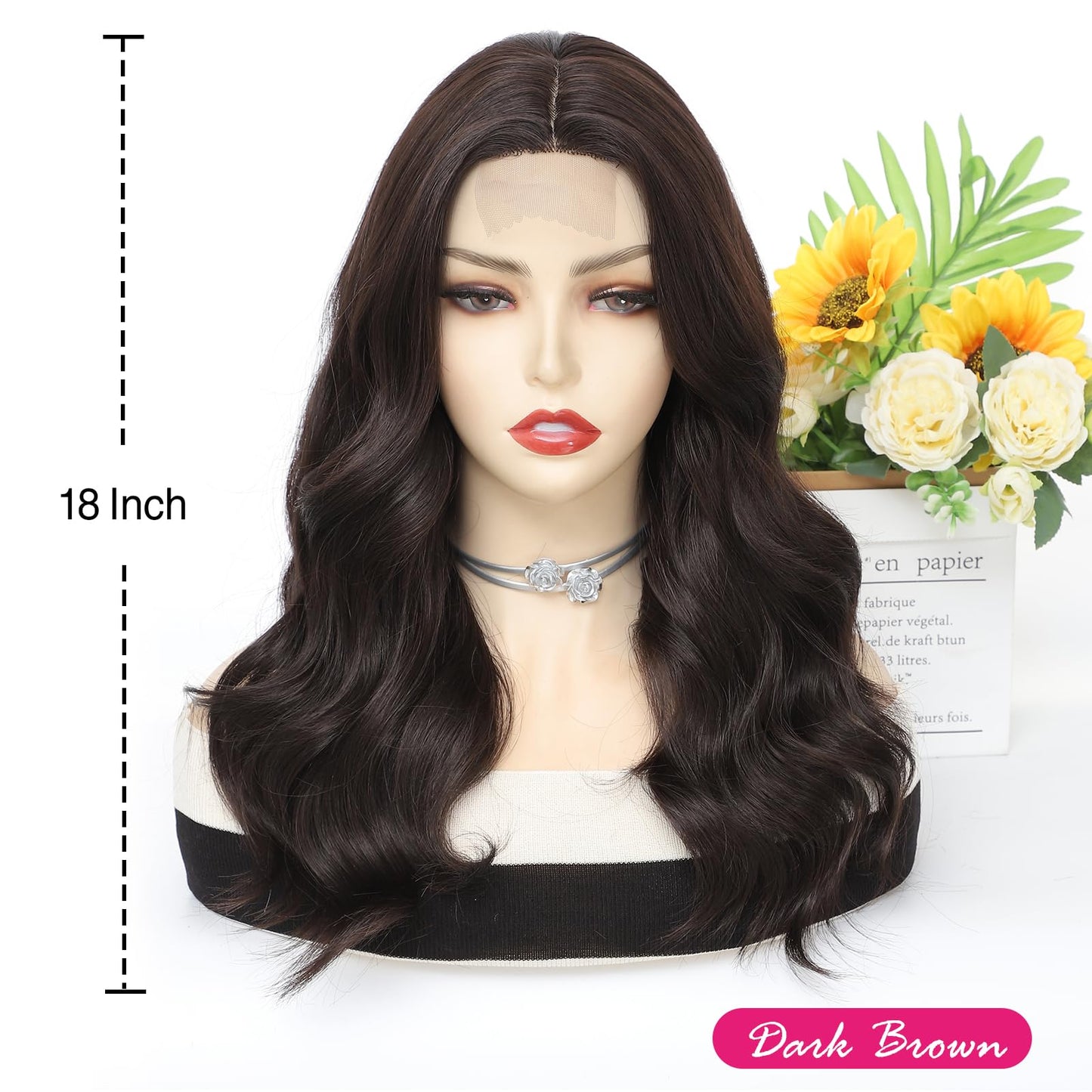 Niceone Hair 18 Inch Dark Brown Wig for Women, Middle Part Medium Length Wavy Synthetic Hair Wig, Upgraded Strands Natural Hairline Design for Daily Party Halloween(Dark Brown,18 Inch)