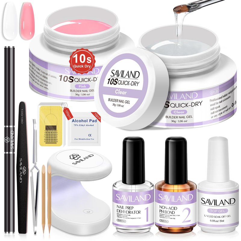 SAVILAND Quick-dry Builder Nail Gel Kit - Clear Pink Builder Hard Gel with Mini UV Light, Top Gels, Dehydrator, Non-acid PH Bond Primer and Nail Extension Application Tools for beginners