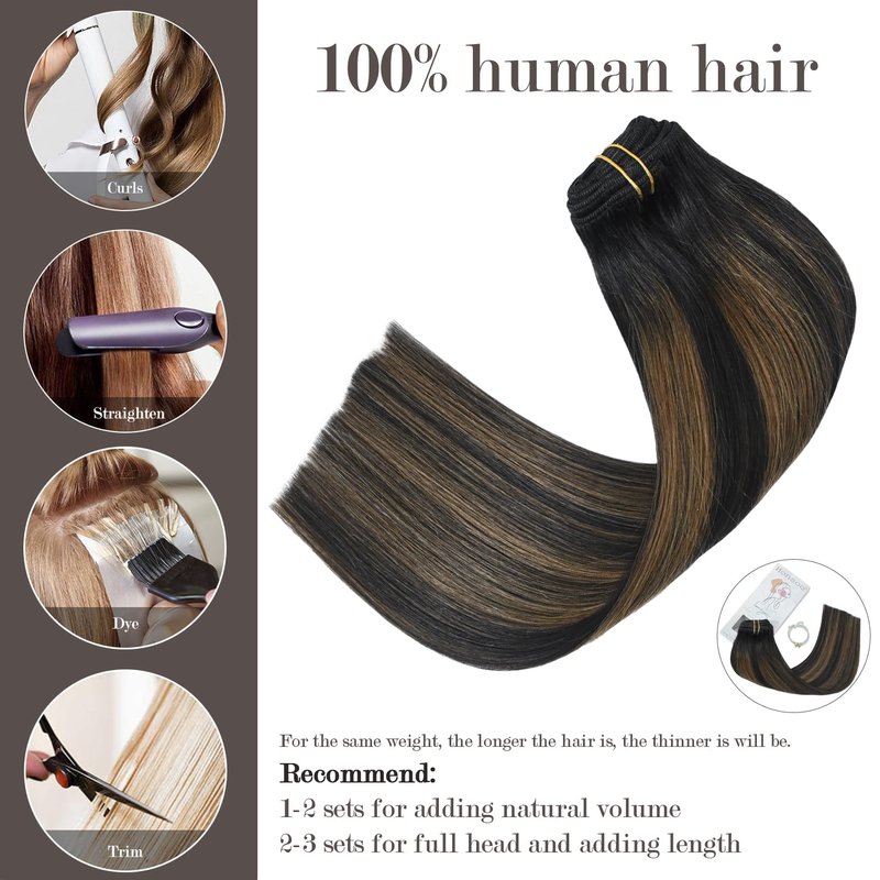 Honsoo Clip In Hair Extensions Real Human Hair Natural Black to Chestnut Brown 70g 7pcs 12inch Short Remy Human Hair Seamless Clips Soft Hair No Tangles