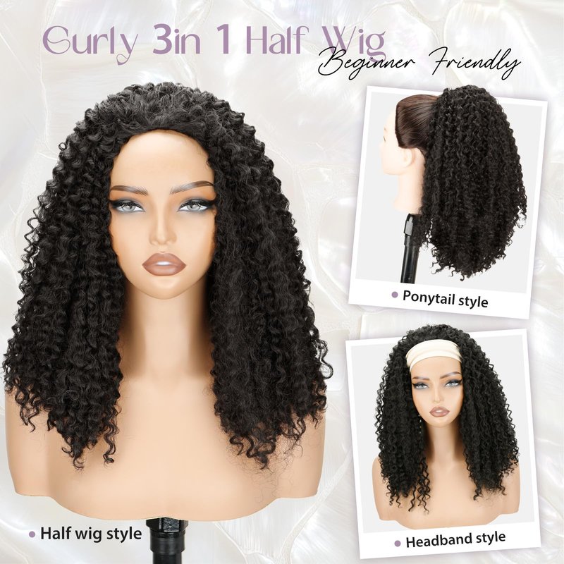 NOSTALGIA Afro Kinky Curly Half Wigs For Black Women 3 In 1 Half Wig Synthetic With Drawstring Afro Curly Glueless Flip Over Wigs Quick Install Beginner Friendly(Naturak Black 2#)