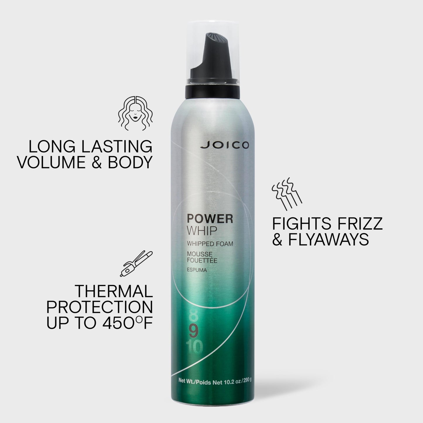 Joico Power Whip Whipped Foam | For Most Hair Types | Add Volume & Body | Thermal Heat, Humidity, & Pollution Protection | Boost Shine | Control Frizz & Flyaways | Silicone & Paraben Free | 10.2 Fl Oz