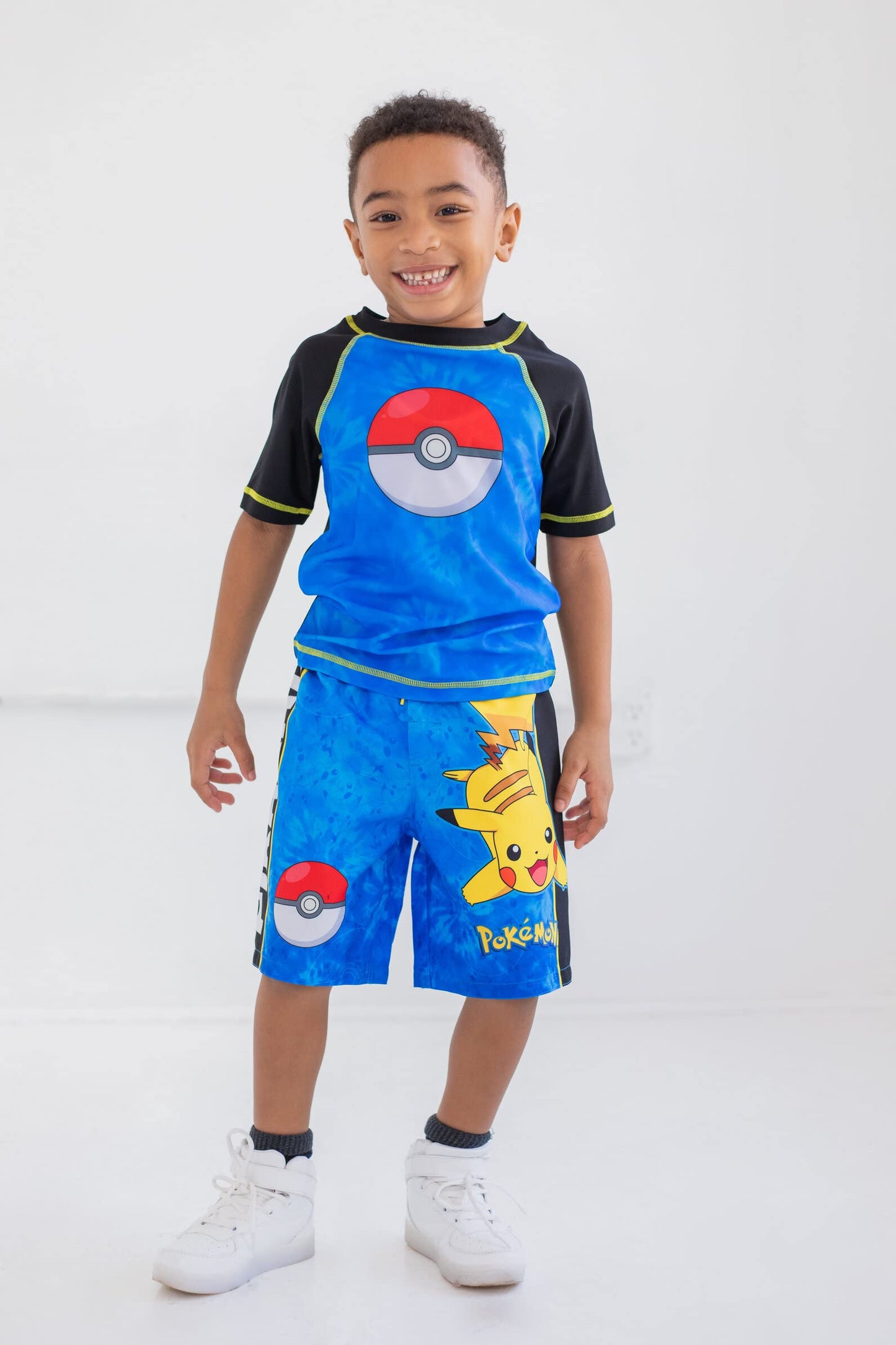 Pokemon Pikachu Big Boys Rash Guard and Swim Trunks Outfit Set Blue 10-12