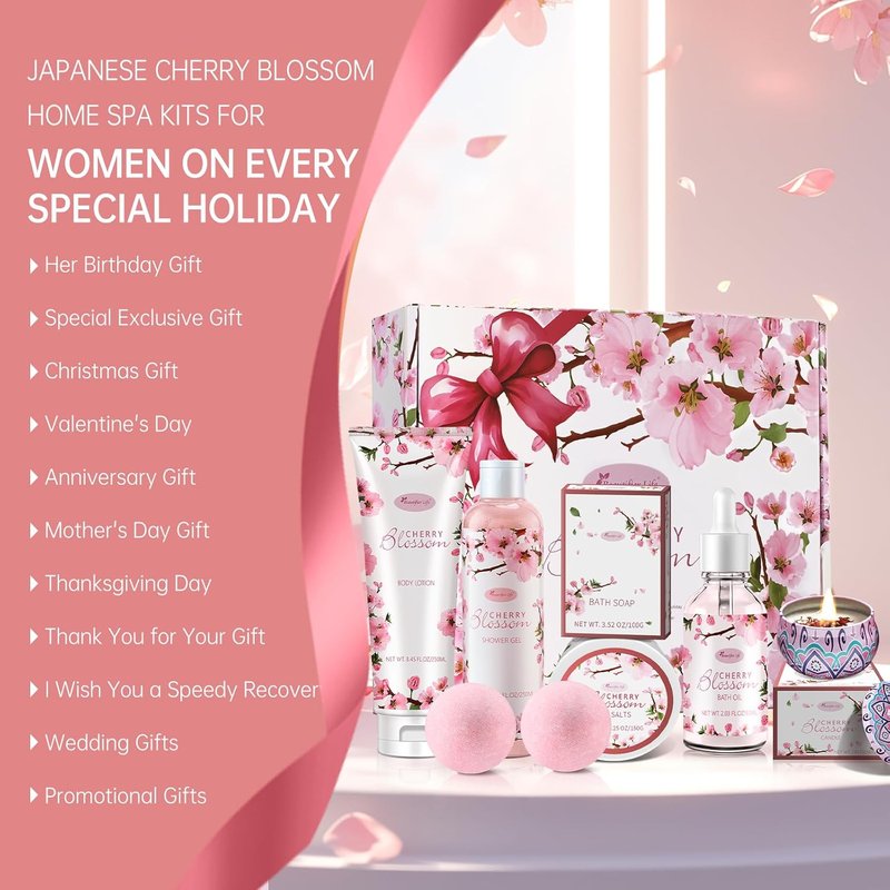 Bath and Body Gift Set for Women - Luxurious Japanese Cherry Blossom Spa Essentials | 7-Piece Set with Shower Gel, Lotion, Bath Oil, Salt, Soap, Bombs & Candle