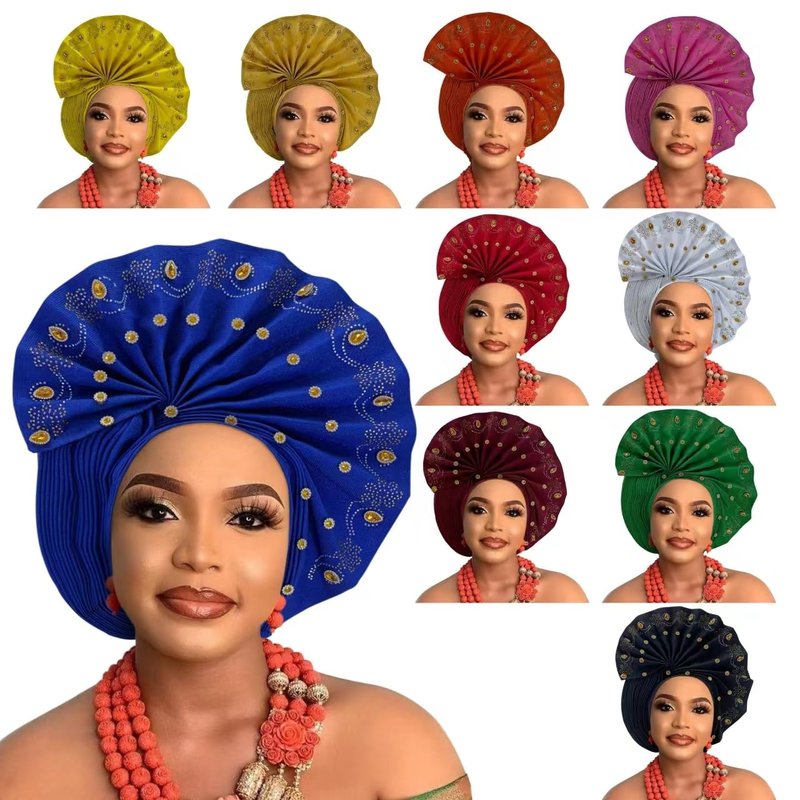 African gele head wrap for women Nigerian Headwear,auto gele Nigerian Headwear,turbans for women weddings parties event (Blue 1)