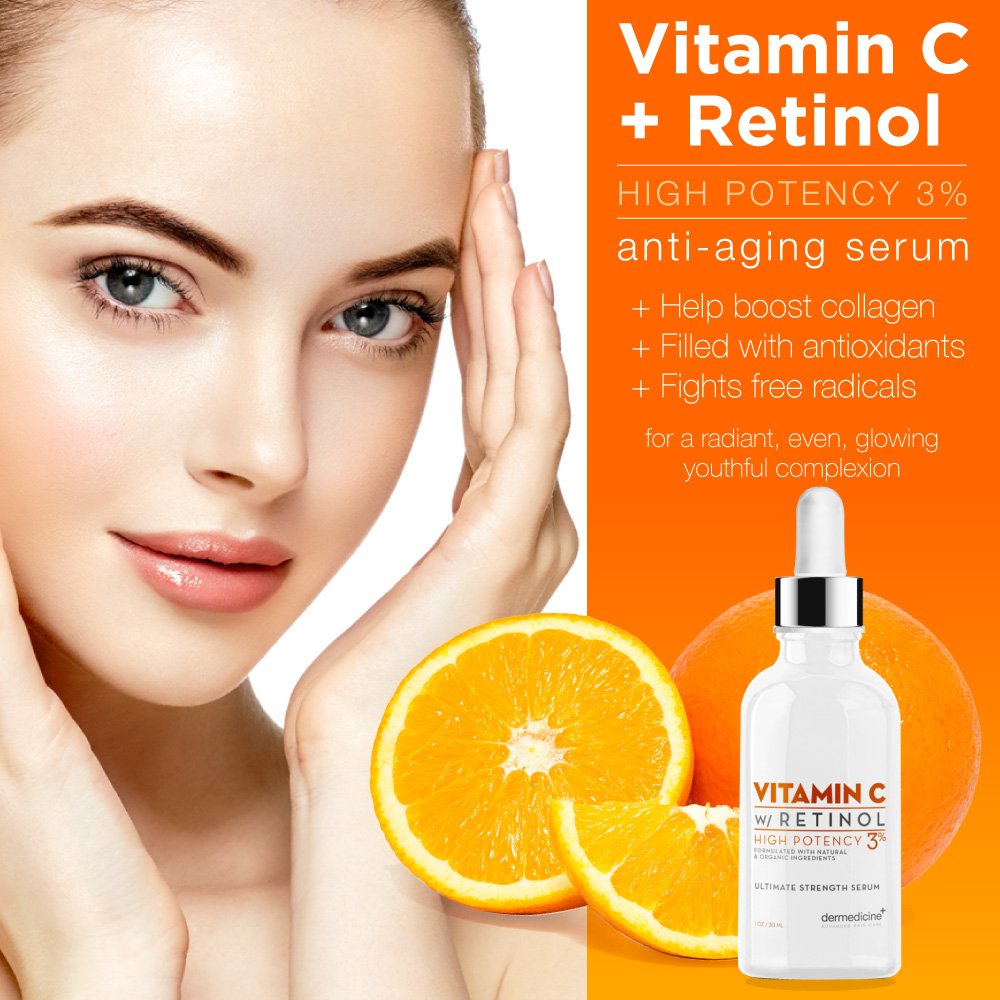 Vitamin C & 3% Retinol Anti-Aging Serum - Reduces Fine Lines & Brightens Skin Tone | Professional Grade Quality