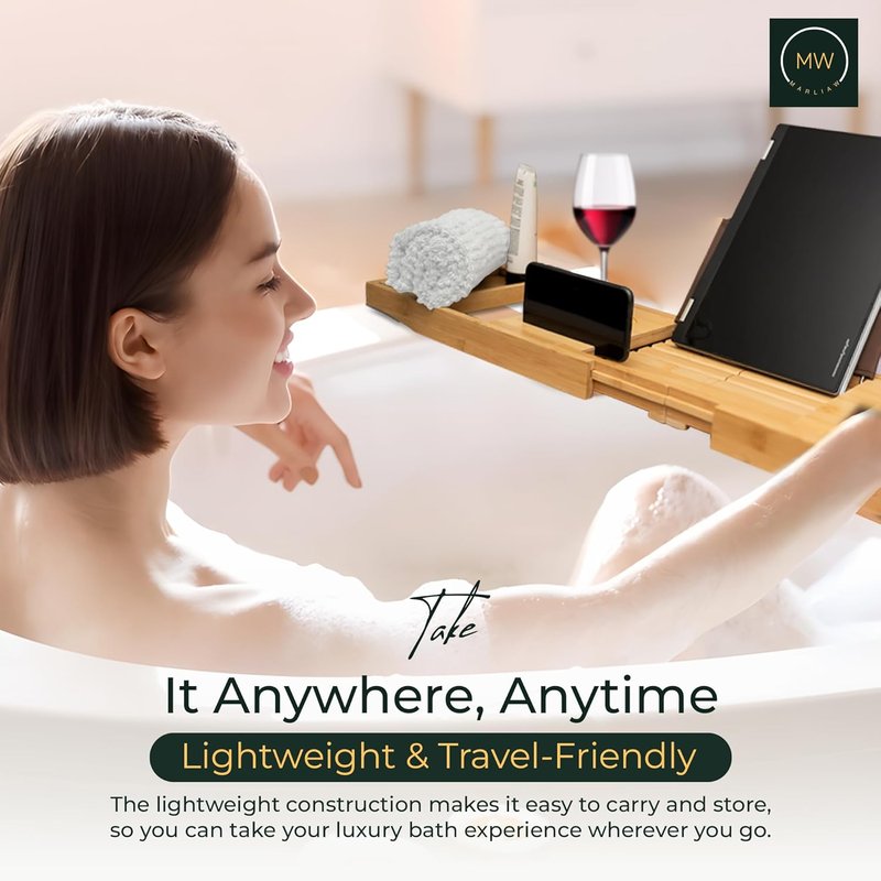 Luxury Bamboo Bathtub Tray - Foldable Spa Caddy with Wine Glass & Tablet Holder | Adjustable, Waterproof, Perfect Gift for Couples