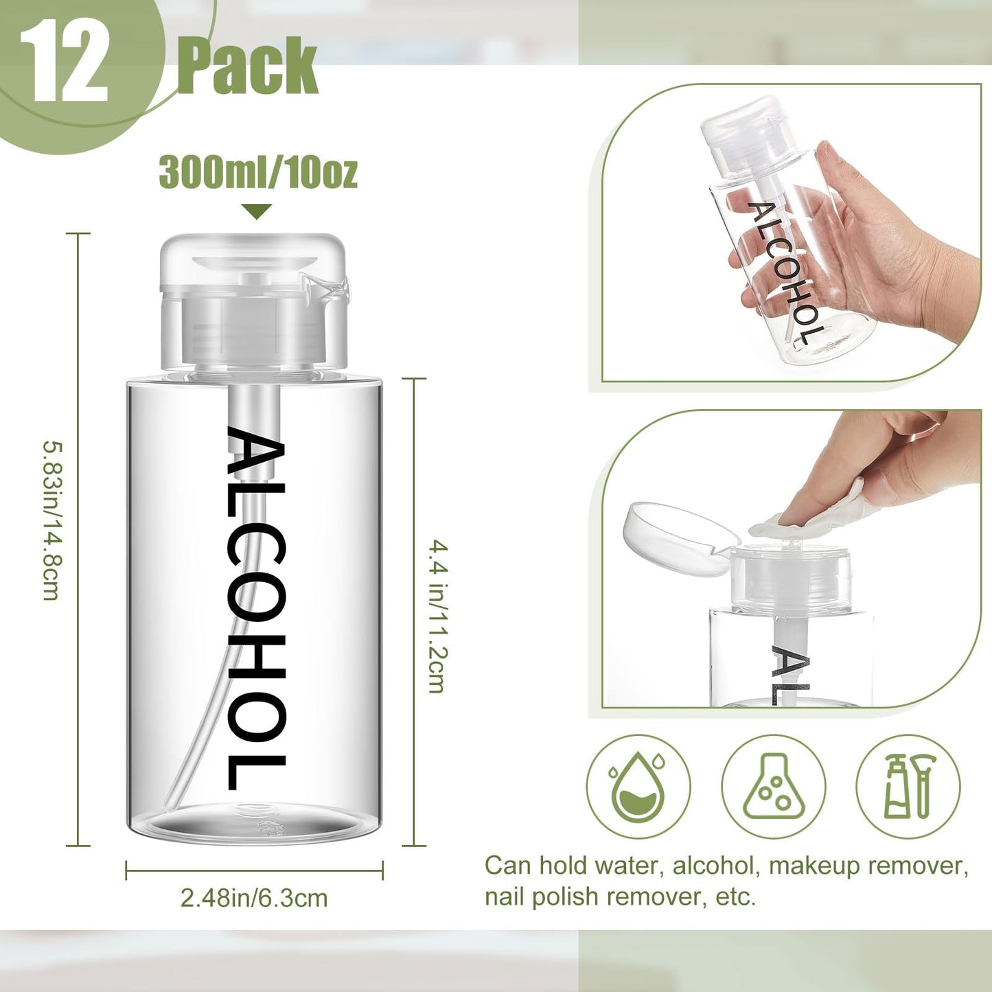 Layhit 12 Pcs 10 oz Alcohol Pump Dispenser Bottles Alcohol Push Down Liquid Dispenser Empty Pumping Bottle Refillable Cosmetic Container for Personal, Salon, Nail Care (Clear Cap + Clear Bottle)