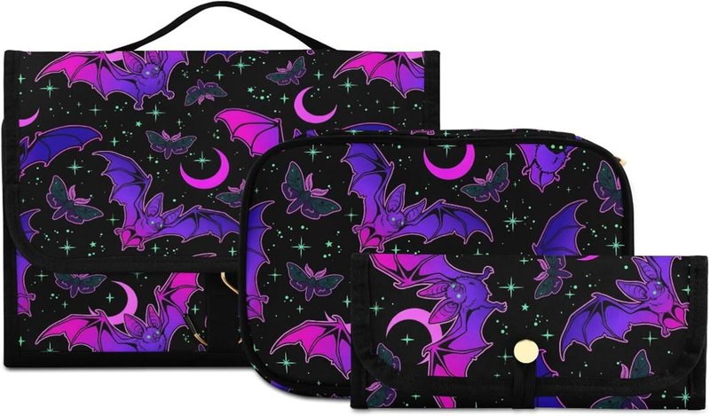 Gothic Purple Bat Toiletry Bag Set - 3 PCS Hanging Makeup & Travel Organizer