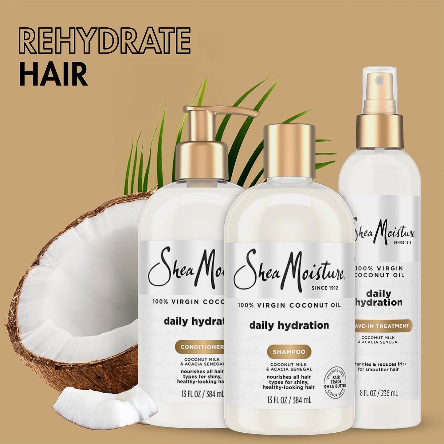 SheaMoisture Shampoo & Conditioner + Leave-in Treatment, Daily Hydration with Coconut Oil, Hair Detangler, Frizz Control, Cruelty-Free (3 Piece Set)