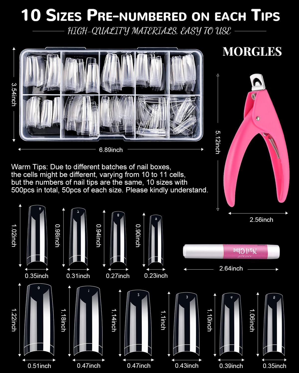MORGLES Clear Acrylic Nail Tips, 500 Pcs Nail Tips Square Half Cover with Glue, Clipper, Files and Cuticle Fork for Salons and Home DIY
