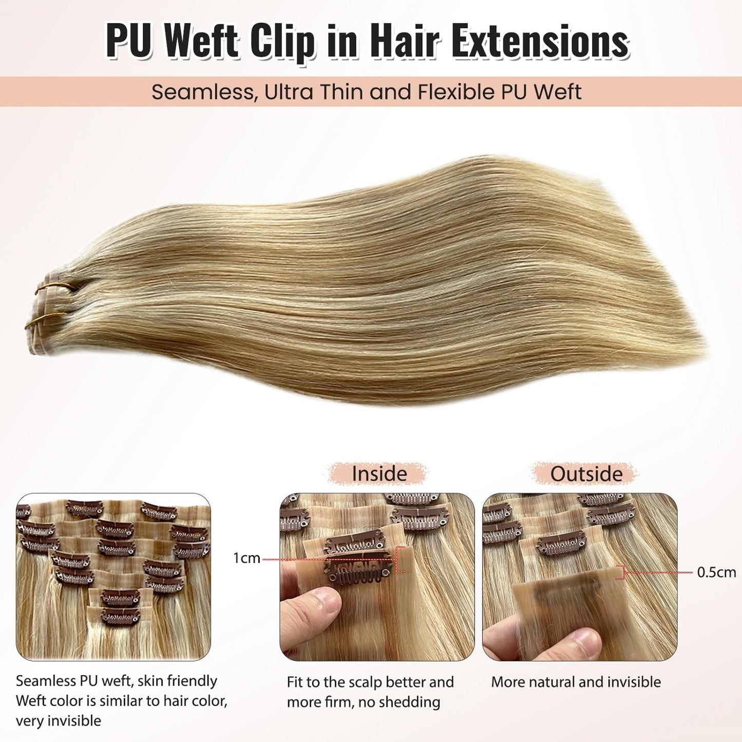 Real Human Hair Clip in Extensions, 20' Colored Seamless Wefts - 7PCS 100G PU Skin - Caramel Blonde to White Blonde