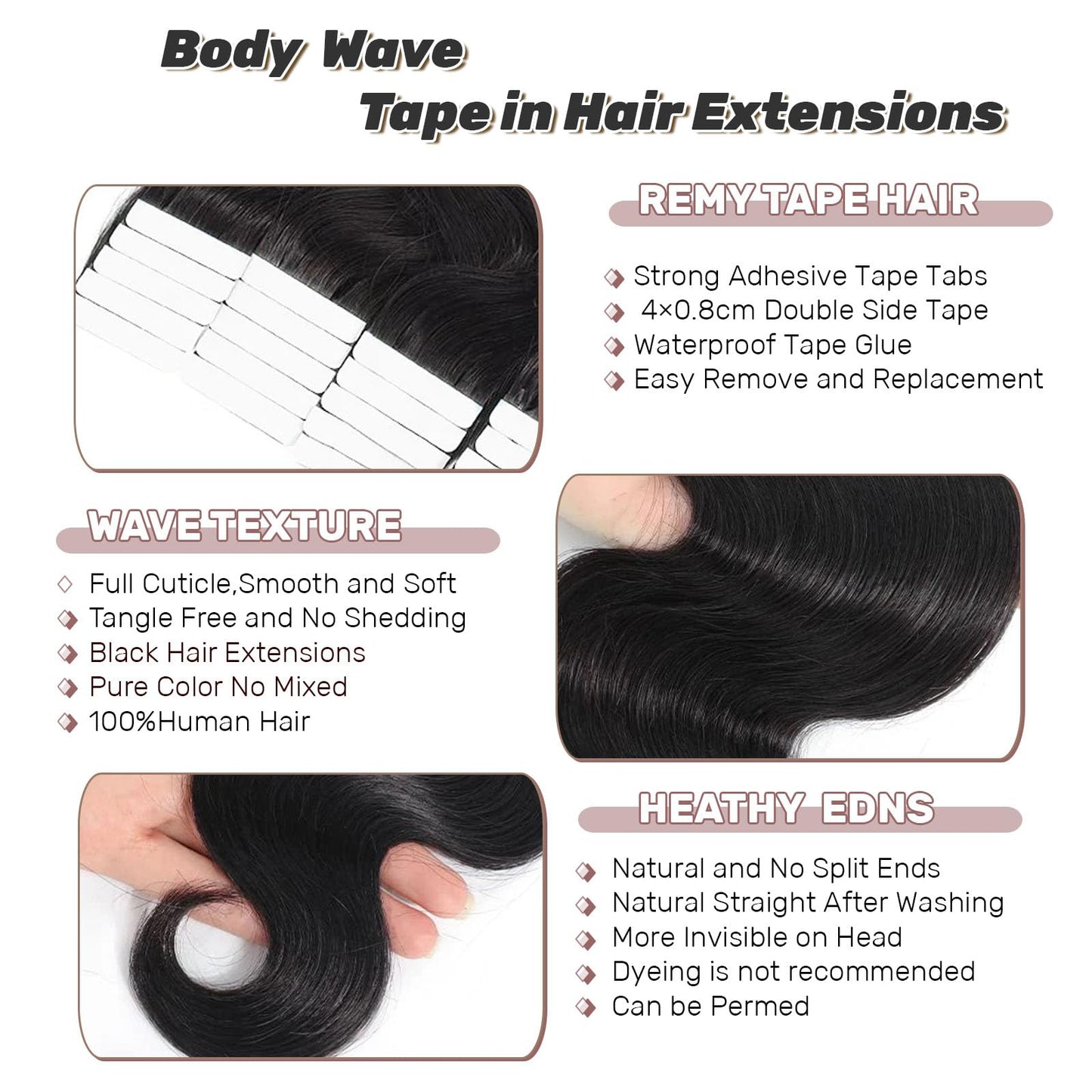 Body Wave Tape in Hair Extensions Human Hair, Body Wave Natural Black Hair Extensions Real Human Hair Tape ins for Black Women,100% Remy Human Hair 18 Inch 50g 20pcs Invisible Tape in Hair Extensions