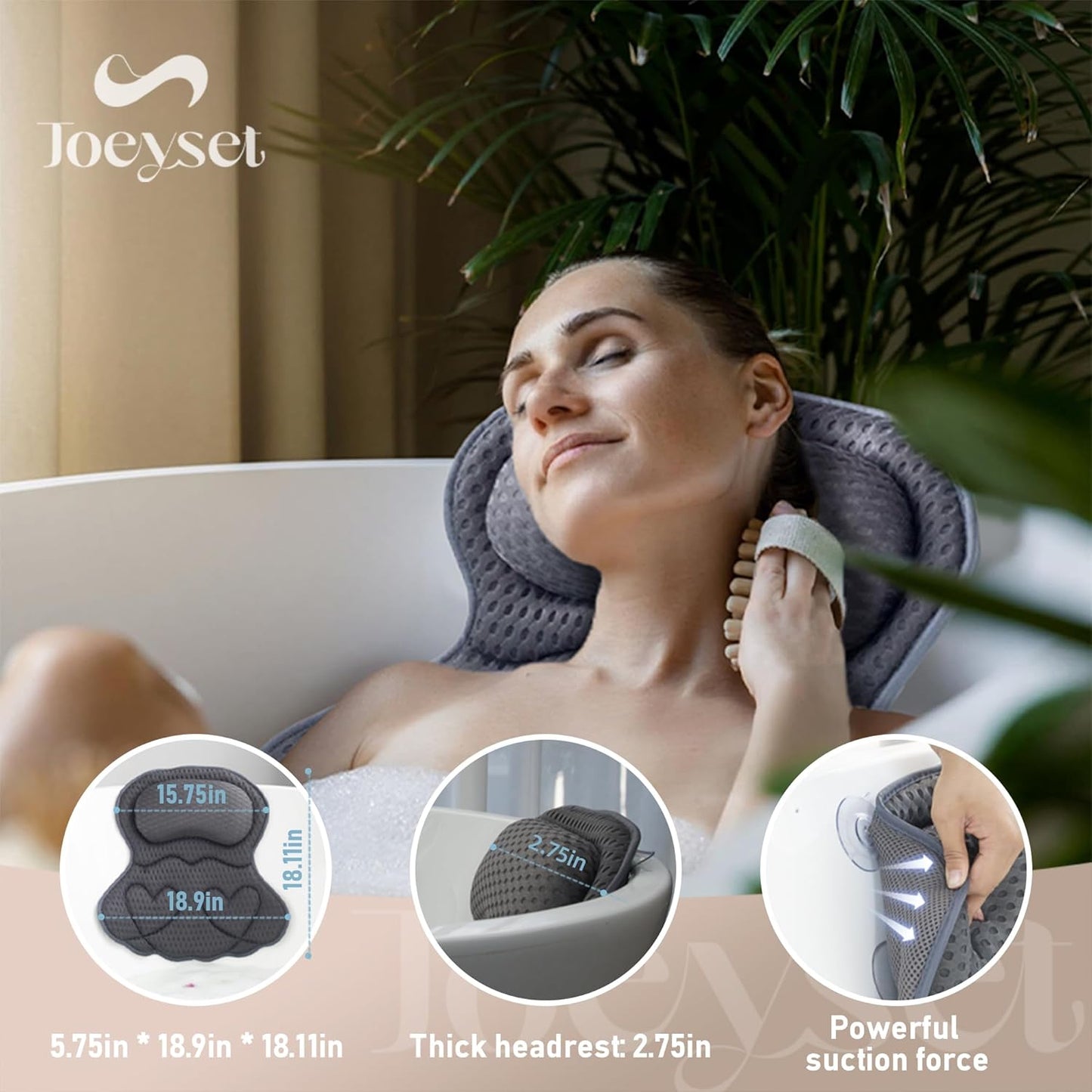 Bath Pillows for Tub - Luxury Head and Neck Support | 4D Air Mesh Fabric & 6 Non-Slip Suction Cups (Gray)