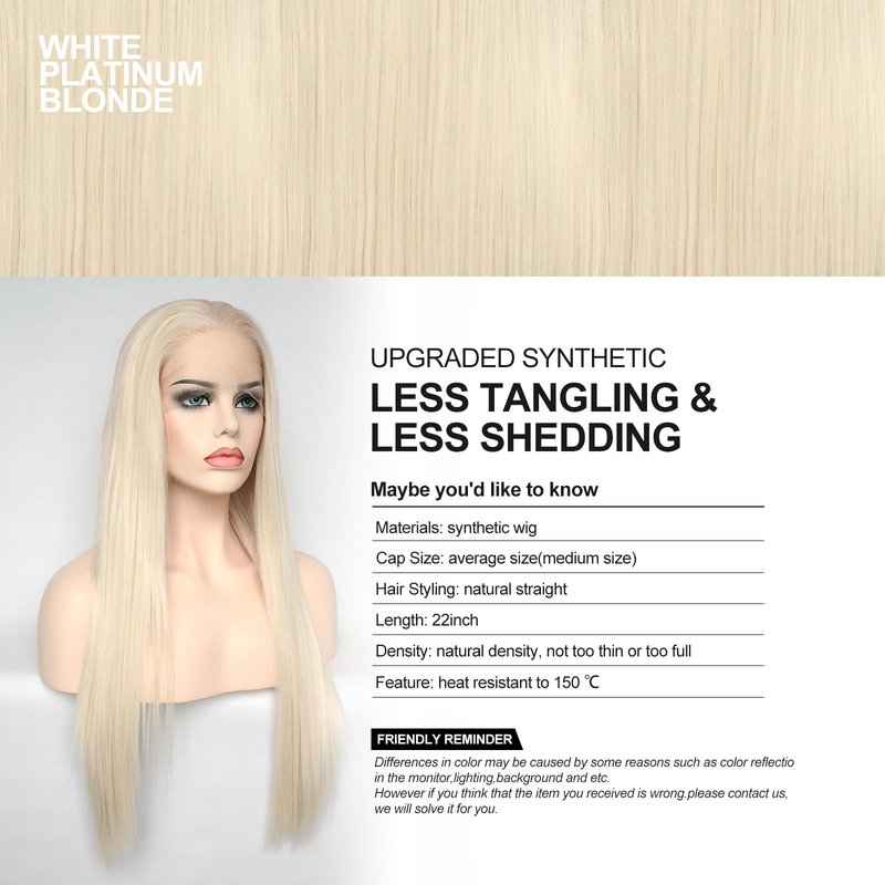 Jozlynn Platinum Blonde Lace Front Wigs Synthetic Silky Straight Hair for Fashion Women Replacement Wigs Half Hand Tied Natural Hairline 22inch (Platinum Blonde,Straight, 22 Inch)