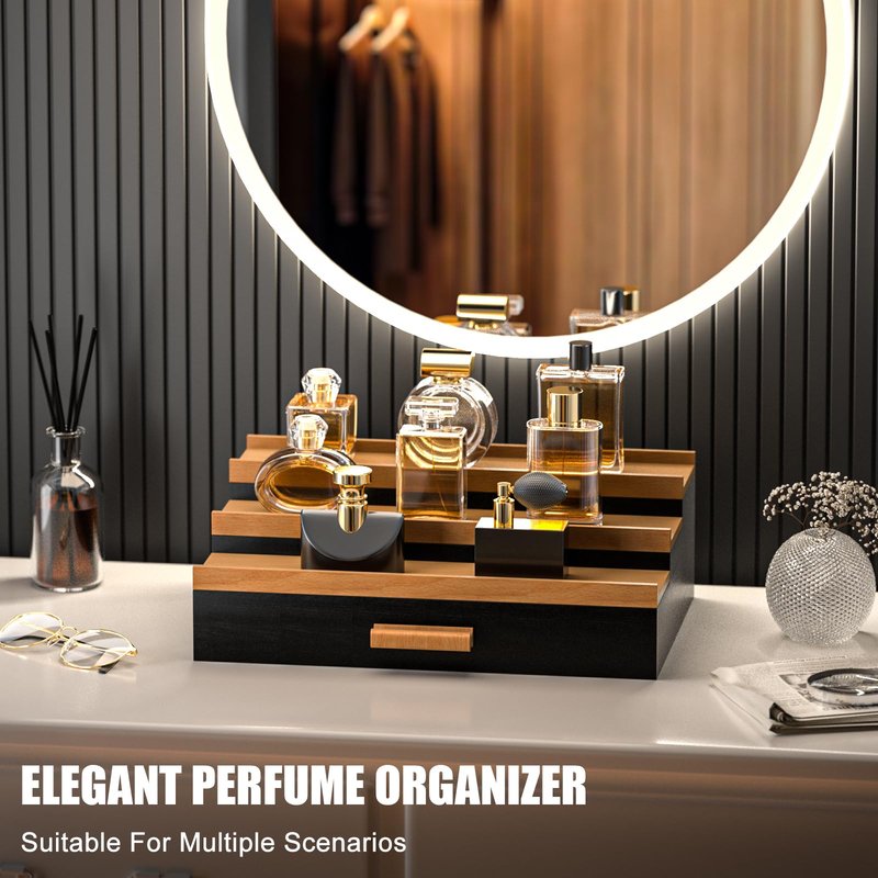Sephyroth Cologne Organizer for Men – 3-Tier Perfume Display Shelf with Drawer and Hidden Storage, Elegant Cologne Holder, Great Gift for Men and Fathers (3T-BlackWalnut)