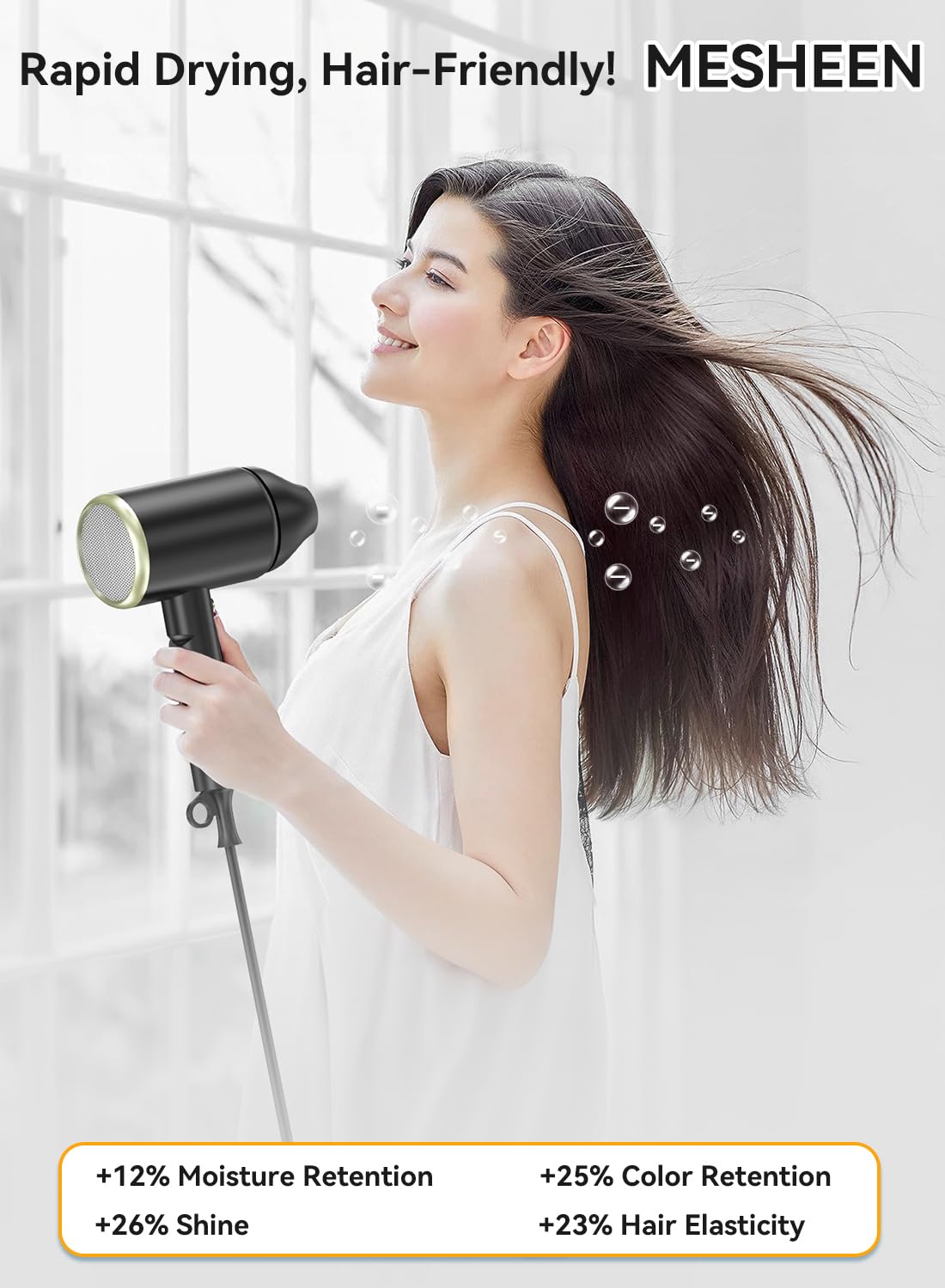 Hair Dryer, 150000RPM Ionic Blow Dryer - Fast Drying, Low Noise, Foldable Portable with Diffuser and Nozzle, Compact Mini for Women and Men, Home and Travel （Black）